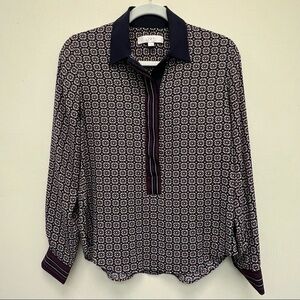 LOFT Geometric Print 3/4 Button Down Long Sleeve Top Maroon Navy Blue Size XS